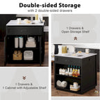 Îlot de cuisine en faux marbre avec table à manger extensible, prise électrique, rangements : 2 tiroirs et 2 étagères latérales ouvertes.