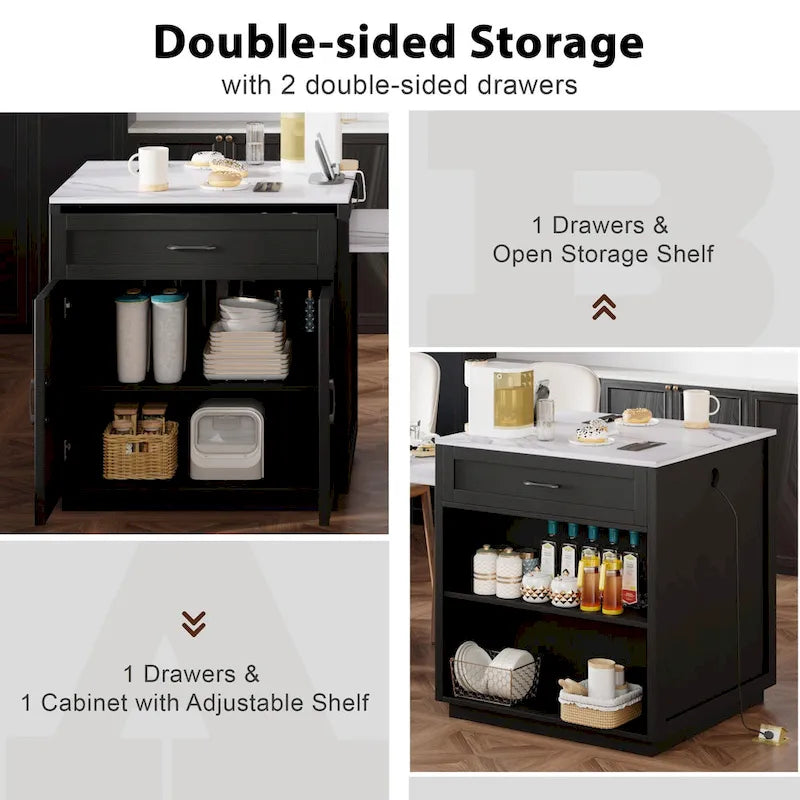 Îlot de cuisine en faux marbre avec table à manger extensible, prise électrique, rangements : 2 tiroirs et 2 étagères latérales ouvertes.