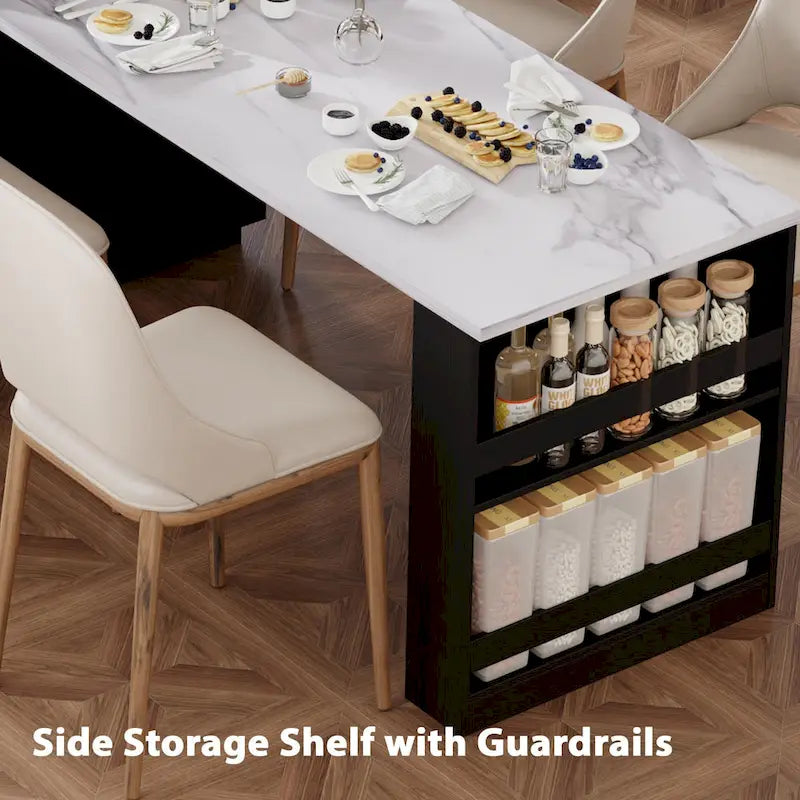 Îlot de cuisine en faux marbre avec table à manger extensible, prise électrique, rangements : 2 tiroirs et 2 étagères latérales ouvertes.