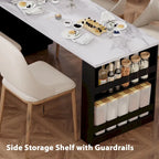 Îlot de cuisine en faux marbre avec table à manger extensible, prise électrique, rangements : 2 tiroirs et 2 étagères latérales ouvertes.