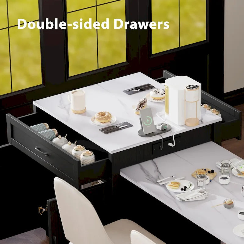 Îlot de cuisine en faux marbre avec table à manger extensible, prise électrique, rangements : 2 tiroirs et 2 étagères latérales ouvertes.