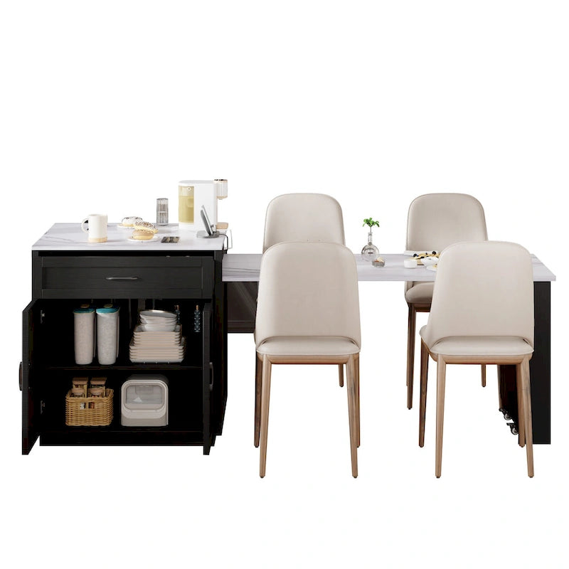 Îlot de cuisine en faux marbre avec table à manger extensible, prise électrique, rangements : 2 tiroirs et 2 étagères latérales ouvertes.