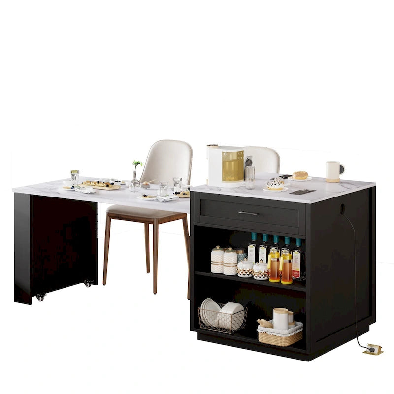 Îlot de cuisine en faux marbre avec table à manger extensible, prise électrique, rangements : 2 tiroirs et 2 étagères latérales ouvertes.