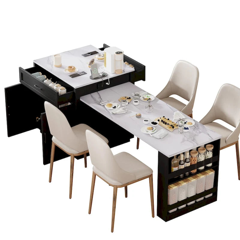 Îlot de cuisine en faux marbre avec table à manger extensible, prise électrique, rangements : 2 tiroirs et 2 étagères latérales ouvertes.