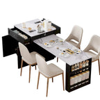 Îlot de cuisine en faux marbre avec table à manger extensible, prise électrique, rangements : 2 tiroirs et 2 étagères latérales ouvertes.