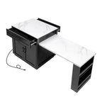 Îlot de cuisine en faux marbre avec table à manger extensible, prise électrique, rangements : 2 tiroirs et 2 étagères latérales ouvertes.