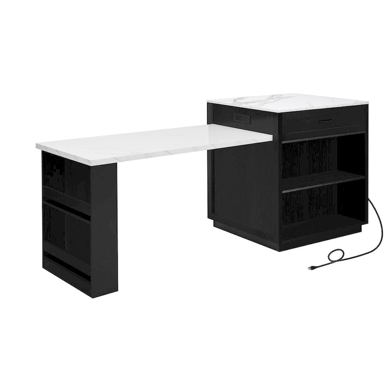 Îlot de cuisine en faux marbre avec table à manger extensible, prise électrique, rangements : 2 tiroirs et 2 étagères latérales ouvertes.