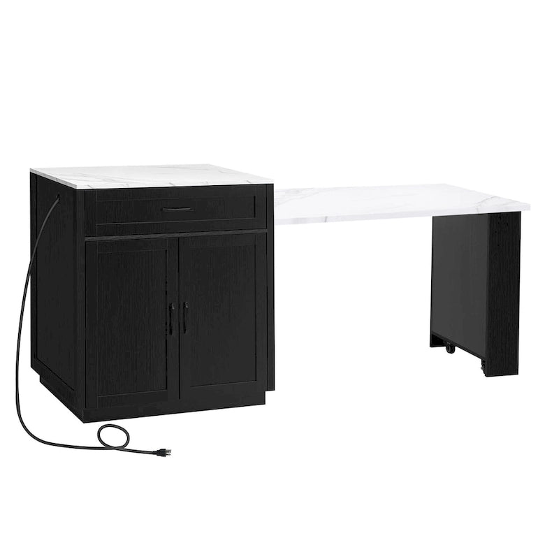 Îlot de cuisine en faux marbre avec table à manger extensible, prise électrique, rangements : 2 tiroirs et 2 étagères latérales ouvertes.
