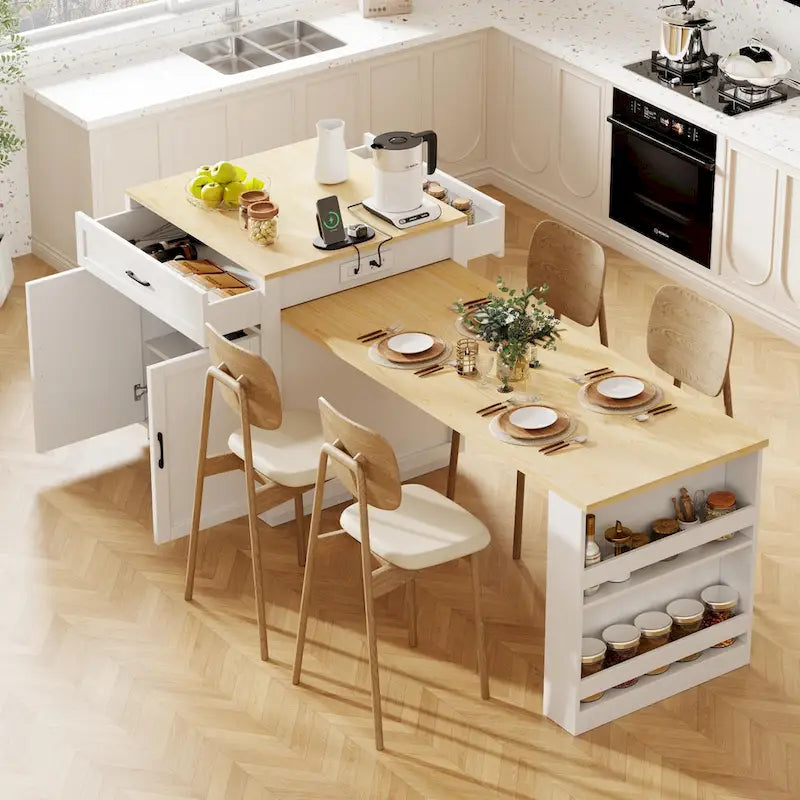 Îlot de cuisine en faux marbre avec table à manger extensible, prise électrique, rangements : 2 tiroirs et 2 étagères latérales ouvertes.
