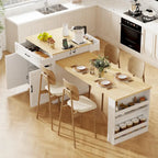 Îlot de cuisine en faux marbre avec table à manger extensible, prise électrique, rangements : 2 tiroirs et 2 étagères latérales ouvertes.