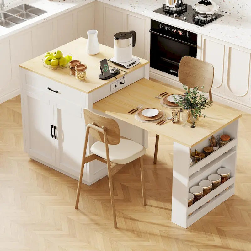 Îlot de cuisine en faux marbre avec table à manger extensible, prise électrique, rangements : 2 tiroirs et 2 étagères latérales ouvertes.