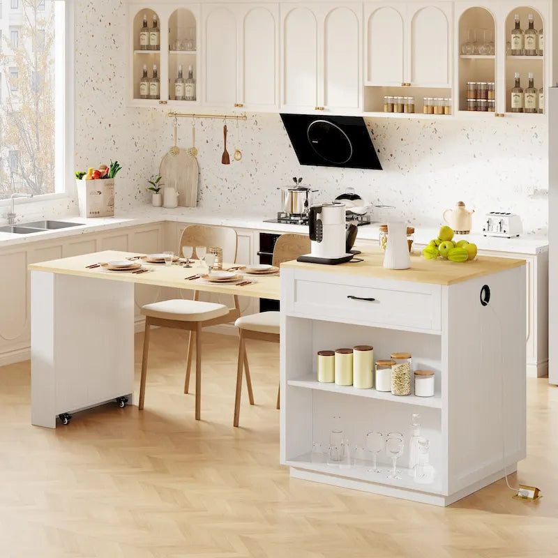 Îlot de cuisine en faux marbre avec table à manger extensible, prise électrique, rangements : 2 tiroirs et 2 étagères latérales ouvertes.