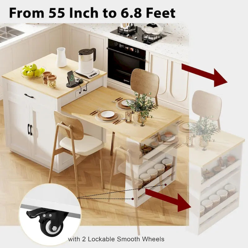 Îlot de cuisine en faux marbre avec table à manger extensible, prise électrique, rangements : 2 tiroirs et 2 étagères latérales ouvertes.