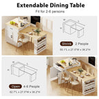 Îlot de cuisine en faux marbre avec table à manger extensible, prise électrique, rangements : 2 tiroirs et 2 étagères latérales ouvertes.