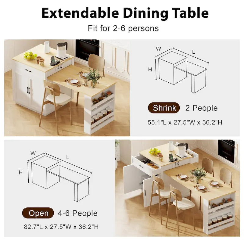 Îlot de cuisine en faux marbre avec table à manger extensible, prise électrique, rangements : 2 tiroirs et 2 étagères latérales ouvertes.