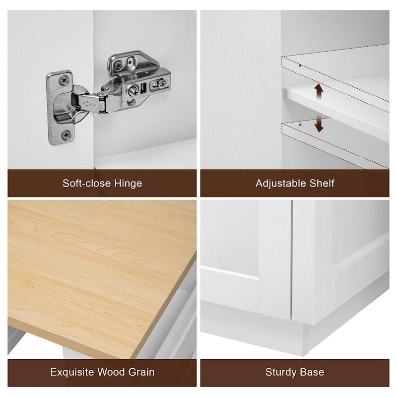 Îlot de cuisine en faux marbre avec table à manger extensible, prise électrique, rangements : 2 tiroirs et 2 étagères latérales ouvertes.