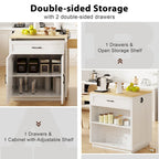 Îlot de cuisine en faux marbre avec table à manger extensible, prise électrique, rangements : 2 tiroirs et 2 étagères latérales ouvertes.