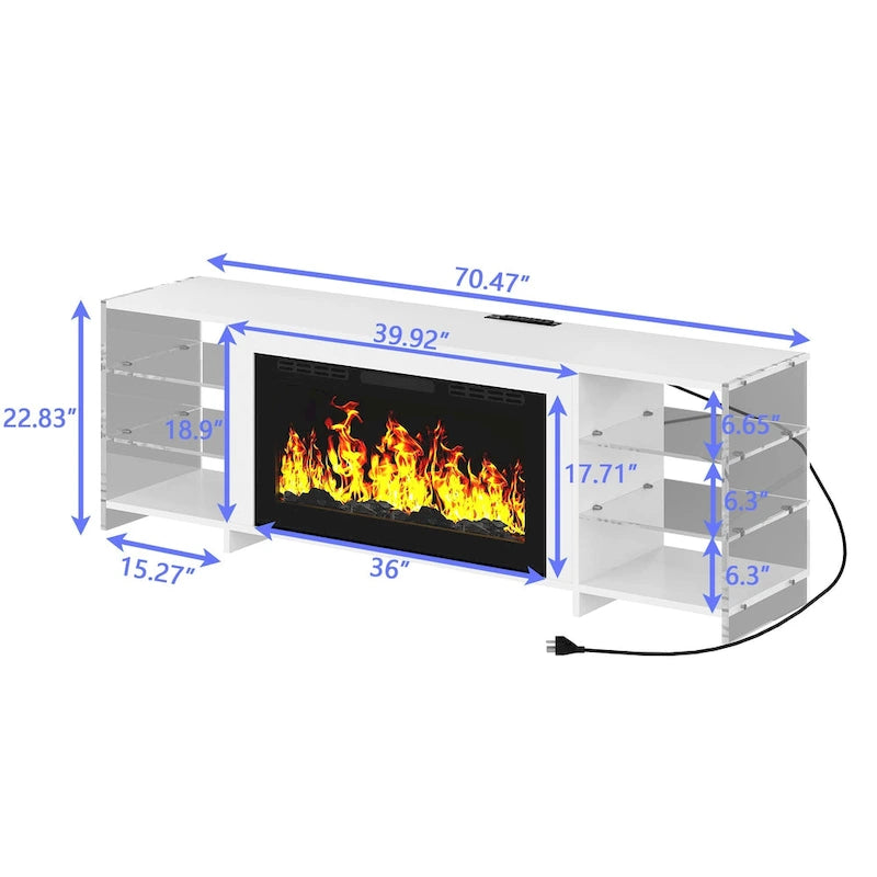 Meuble TV rustique VECELO 70 avec ou sans cheminée (2 options), table multimédia avec étagères de rangement