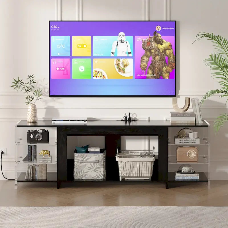 Meuble TV rustique VECELO 70 avec ou sans cheminée (2 options), table multimédia avec étagères de rangement