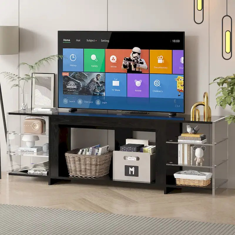 Meuble TV rustique VECELO 70 avec ou sans cheminée (2 options), table multimédia avec étagères de rangement