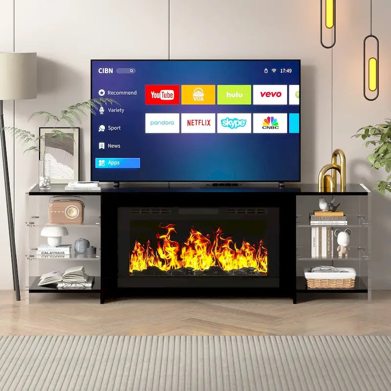 Meuble TV rustique VECELO 70 avec ou sans cheminée (2 options), table multimédia avec étagères de rangement