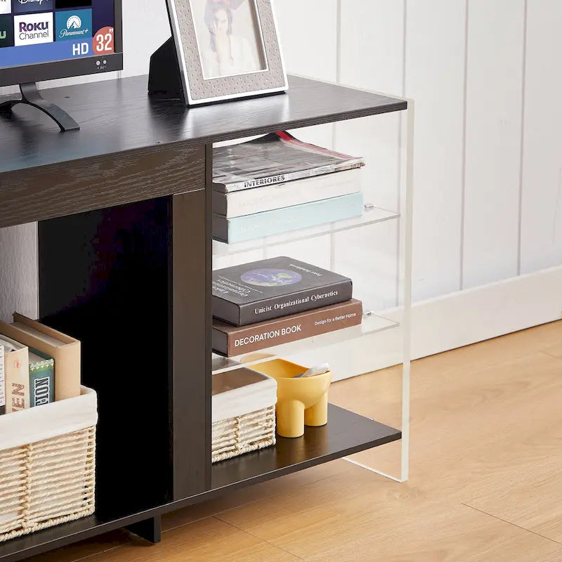 Meuble TV rustique VECELO 70 avec ou sans cheminée (2 options), table multimédia avec étagères de rangement