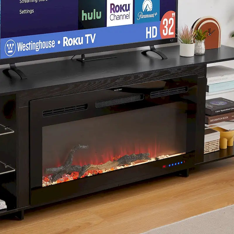 Meuble TV rustique VECELO 70 avec ou sans cheminée (2 options), table multimédia avec étagères de rangement