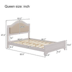 Lit moderne en bois Queen Size avec tête de lit incurvée capitonnée et éclairage LED dissimulé, sans sommier, couleur crème et gris.