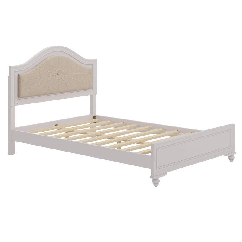 Lit moderne en bois Queen Size avec tête de lit incurvée capitonnée et éclairage LED dissimulé, sans sommier, couleur crème et gris.