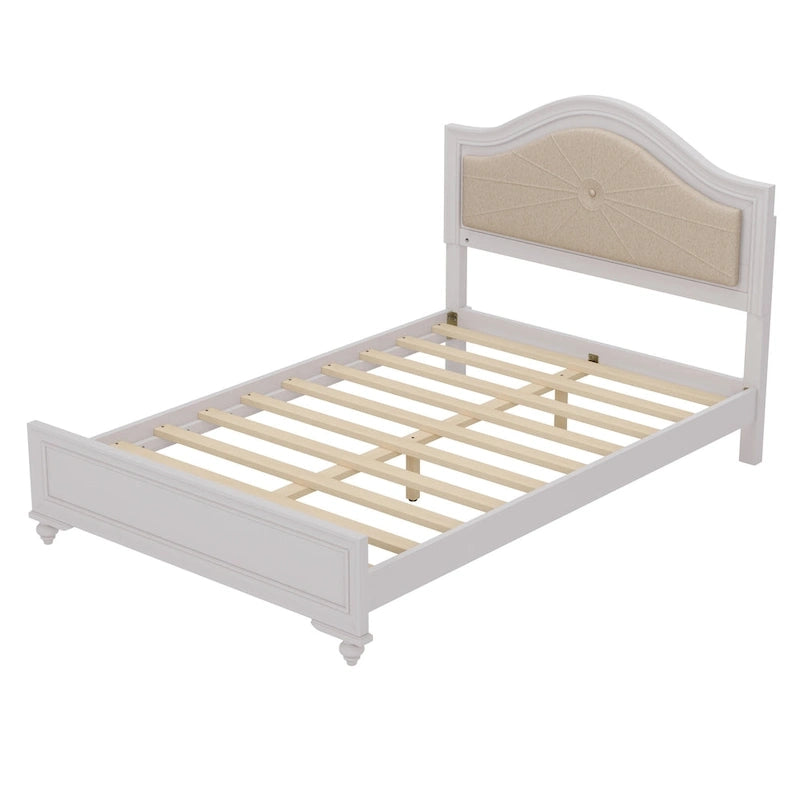Lit moderne en bois Queen Size avec tête de lit incurvée capitonnée et éclairage LED dissimulé, sans sommier, couleur crème et gris.