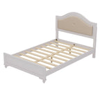 Lit moderne en bois Queen Size avec tête de lit incurvée capitonnée et éclairage LED dissimulé, sans sommier, couleur crème et gris.