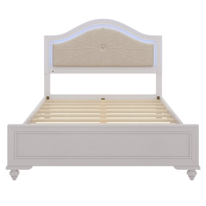 Lit moderne en bois Queen Size avec tête de lit incurvée capitonnée et éclairage LED dissimulé, sans sommier, couleur crème et gris.
