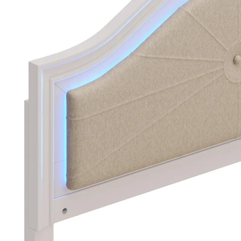 Lit moderne en bois Queen Size avec tête de lit incurvée capitonnée et éclairage LED dissimulé, sans sommier, couleur crème et gris.