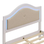 Lit moderne en bois Queen Size avec tête de lit incurvée capitonnée et éclairage LED dissimulé, sans sommier, couleur crème et gris.
