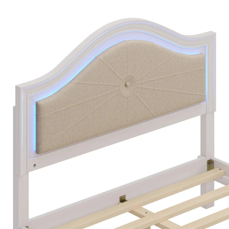 Lit moderne en bois Queen Size avec tête de lit incurvée capitonnée et éclairage LED dissimulé, sans sommier, couleur crème et gris.