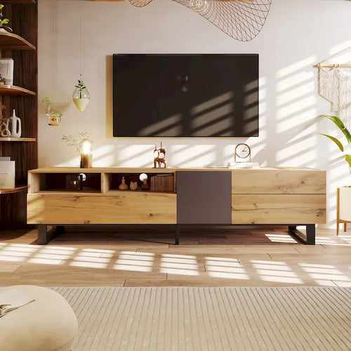 Meuble TV 70,9 pouces avec double espace de rangement et porte abattante pour téléviseurs jusqu'à 80 pouces.