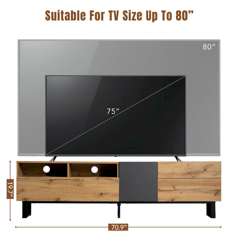 Meuble TV 70,9 pouces avec double espace de rangement et porte abattante pour téléviseurs jusqu'à 80 pouces.