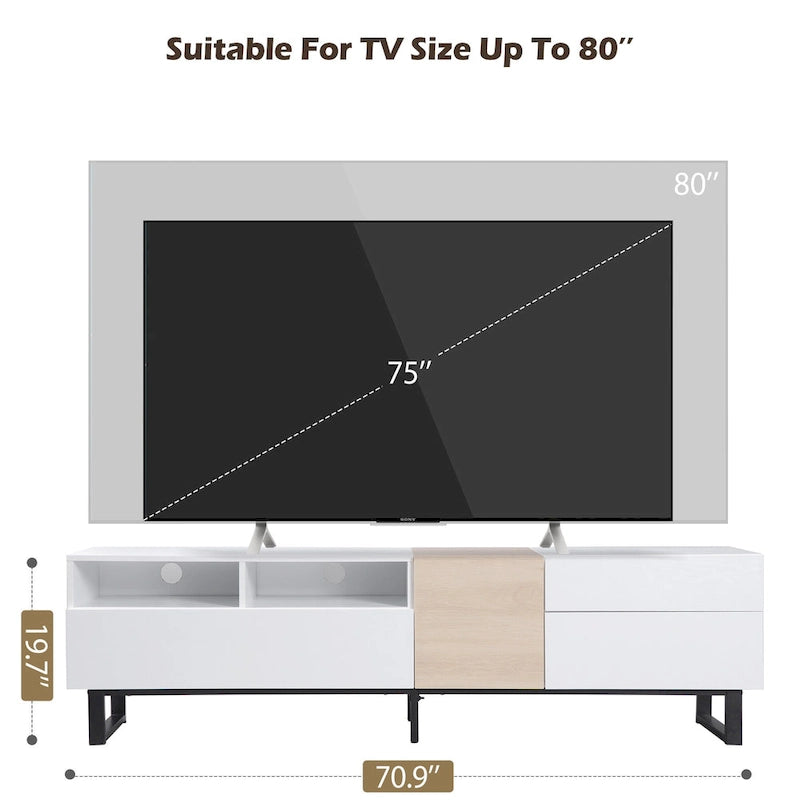 Meuble TV 70,9 pouces avec double espace de rangement et porte abattante pour téléviseurs jusqu'à 80 pouces.
