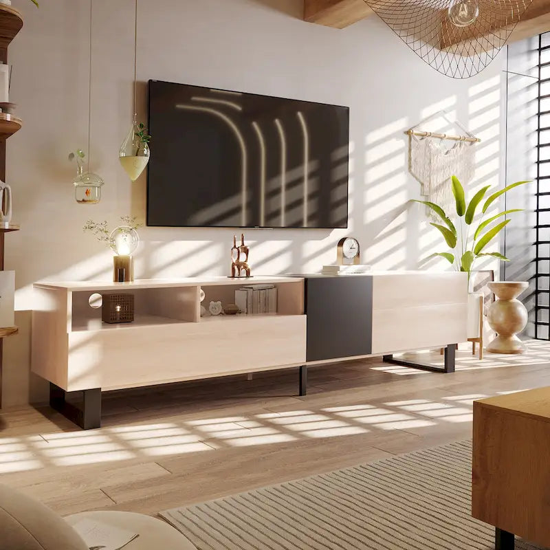 Meuble TV 70,9 pouces avec double espace de rangement et porte abattante pour téléviseurs jusqu'à 80 pouces.