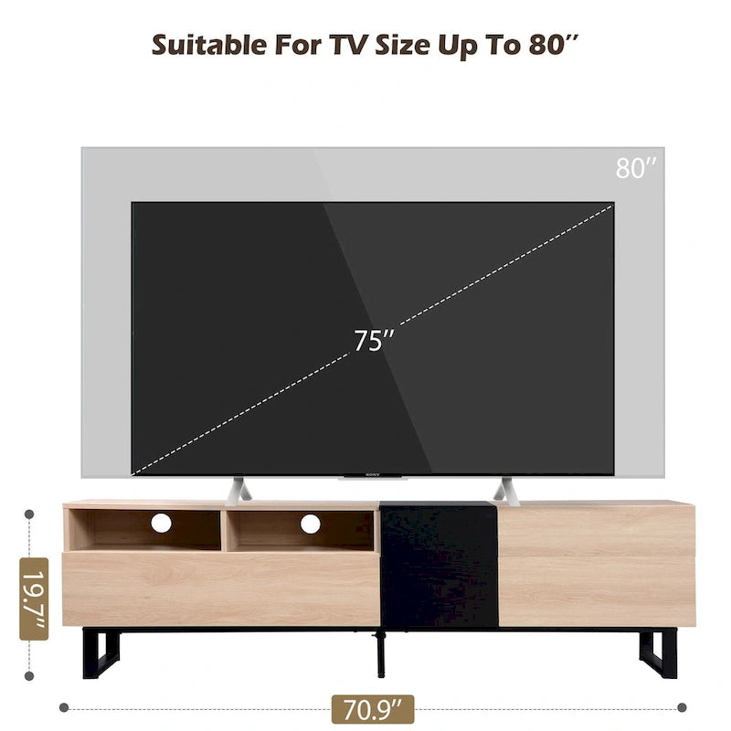 Meuble TV 70,9 pouces avec double espace de rangement et porte abattante pour téléviseurs jusqu'à 80 pouces.