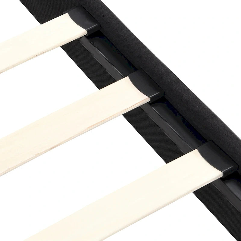 Cadre de lit plateforme rembourré en lin noir, format king, avec tête de lit capitonnée, support à lattes en bois, aucun sommier requis.