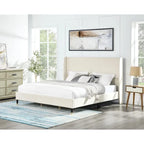 Beige King Size Style Platform Bed with Wingback Velvet Headboard