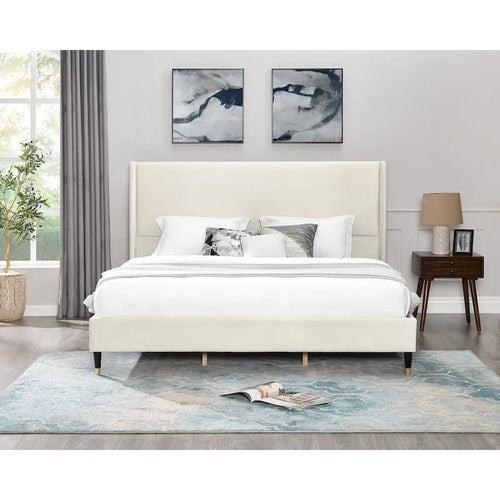 Lit plateforme beige style king size avec tête de lit en velours à oreilles