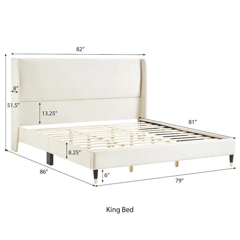 Lit plateforme beige style king size avec tête de lit en velours à oreilles