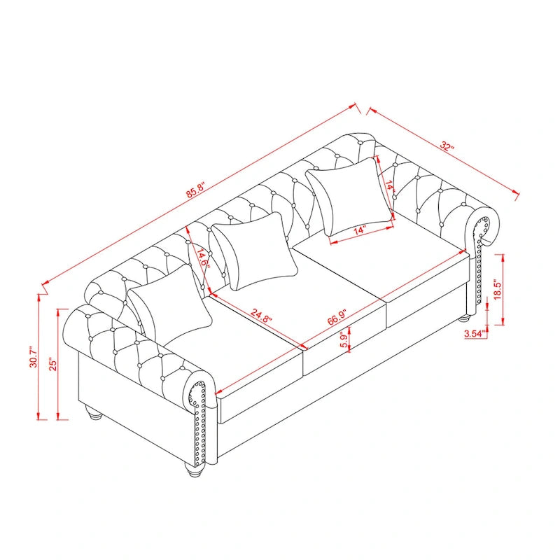 Canapé 3 places en cuir technique 85.8 avec dossier capitonné et rangement