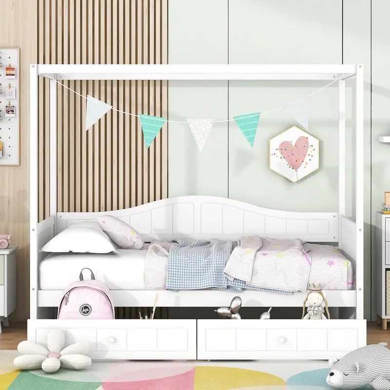 Lit de jour à baldaquin en bois, taille simple, avec 2 tiroirs