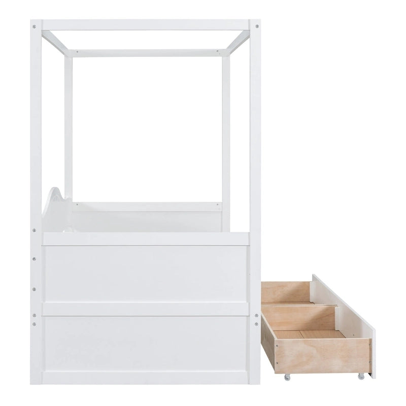 Lit de jour à baldaquin en bois, taille simple, avec 2 tiroirs