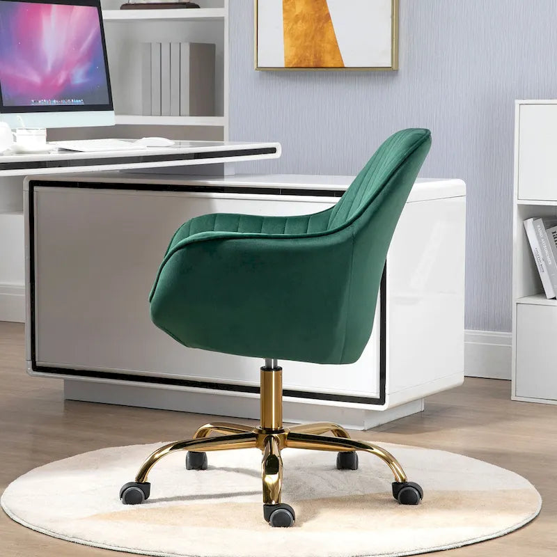 Fauteuil pivotant en velours vert à dossier haut, chaise de bureau réglable avec piètement doré