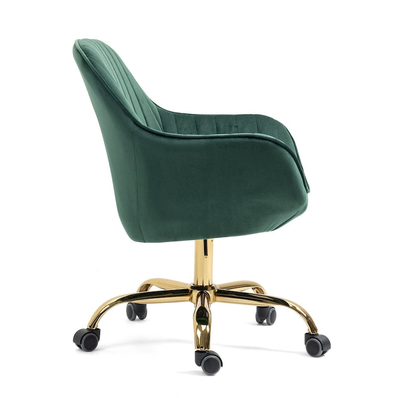 Fauteuil pivotant en velours vert à dossier haut, chaise de bureau réglable avec piètement doré