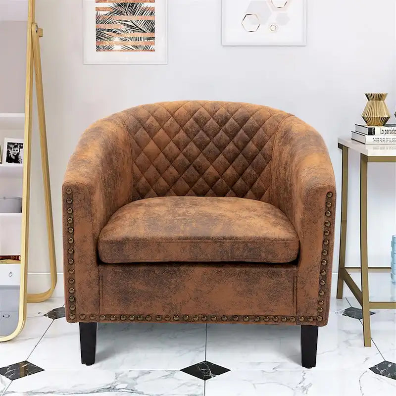 Fauteuil tonneau d'appoint pour salon, orné de clous décoratifs et doté de pieds en bois massif